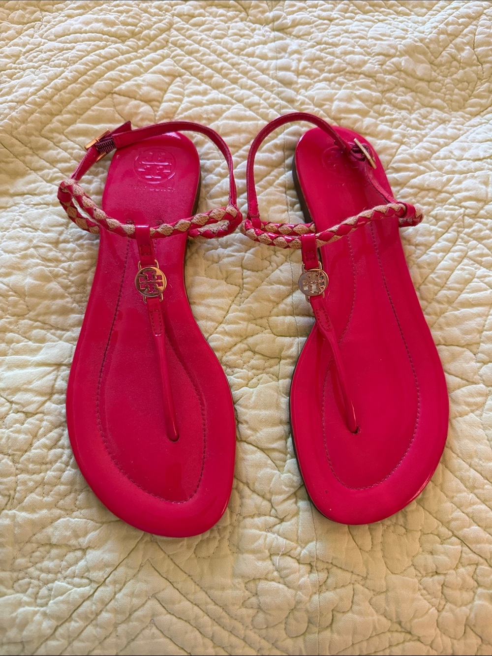 Tory Burch Women’s Hot Pink Braided T-Strap Sandals 8.5